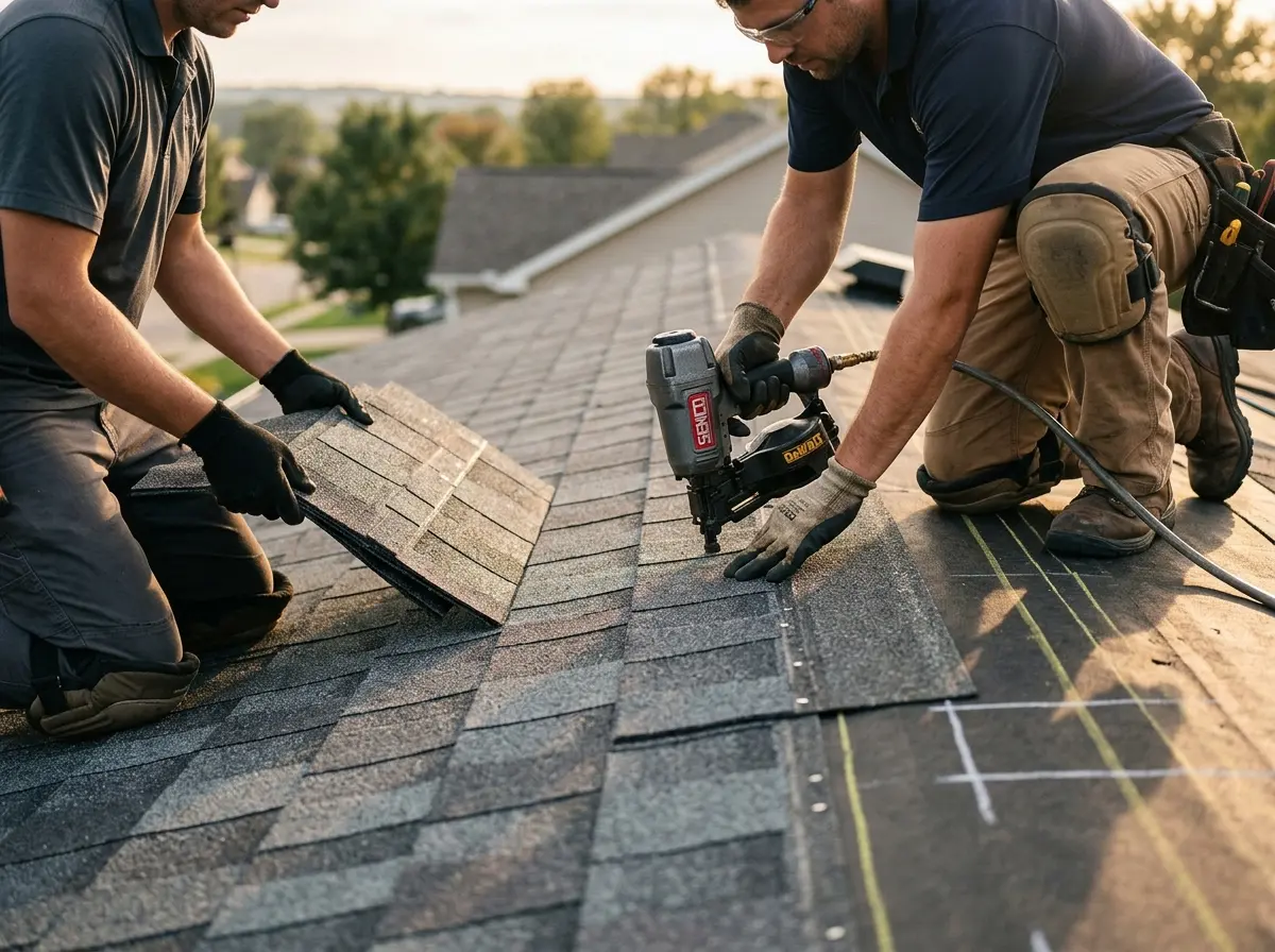 Professional roofer working on a residential roof in New York